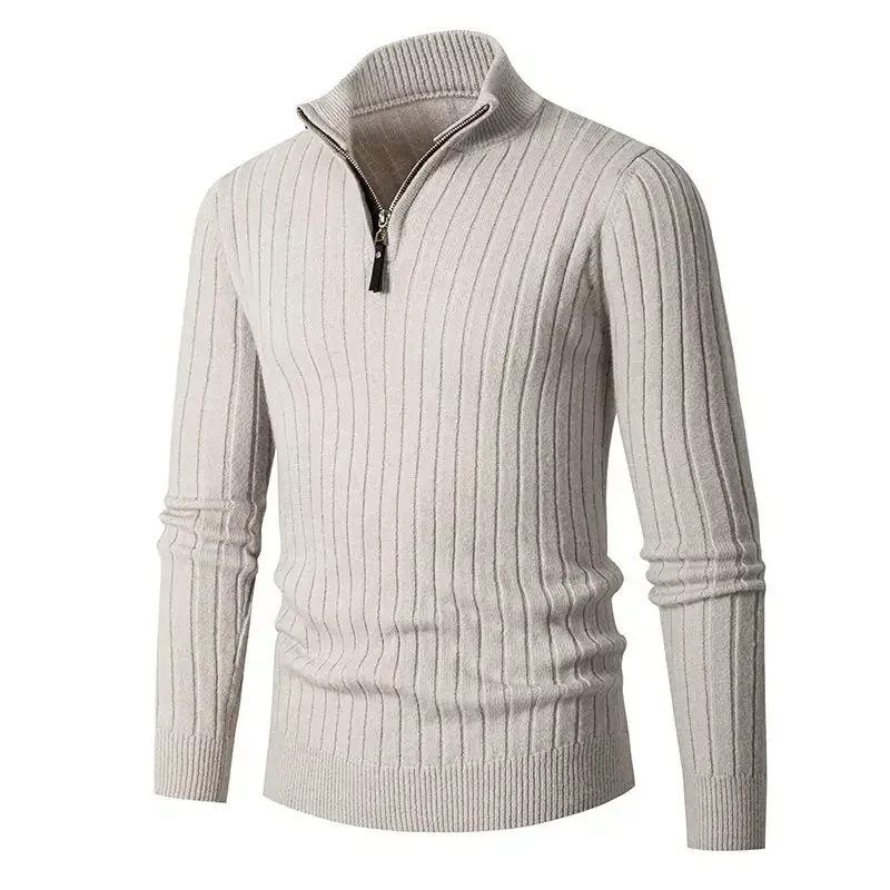 American Style Men Stand-collar Sweater, Long-sleeved Vertical Striped Half-zip Base Layer Knitted Sweater for Autumn and Winter