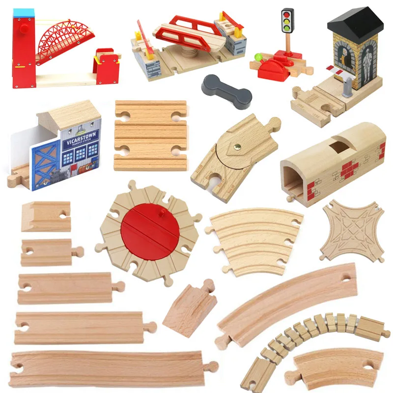 

New Wooden Track Railway Accessories Bridge Train Station Tunnel Cross Fit Fot All Brands Wood Track Educational Toys for Kids