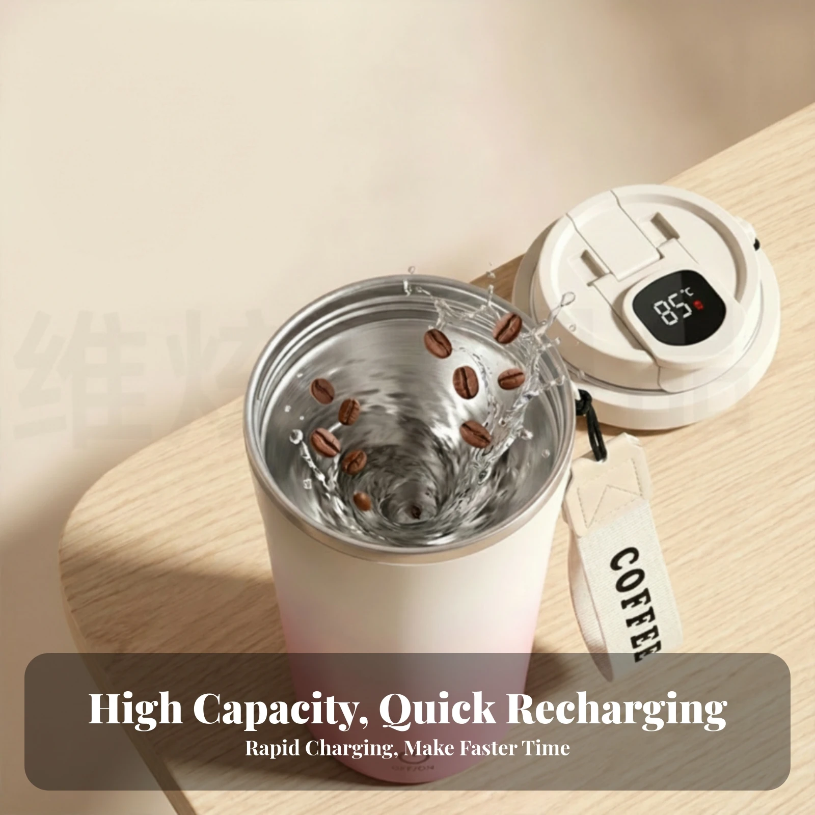 Electric Self-Stirring Cup Stainless Steel Inner Temperature Display Cup Rechargeable Electric Mug Wrist Strap
