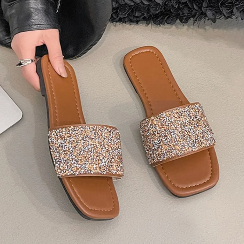 2026 New Summer Women's Flat Sandals Shining Outdoor Open Toe Walking Comfortable Fashion Casual Women Slippers Plus Size 43