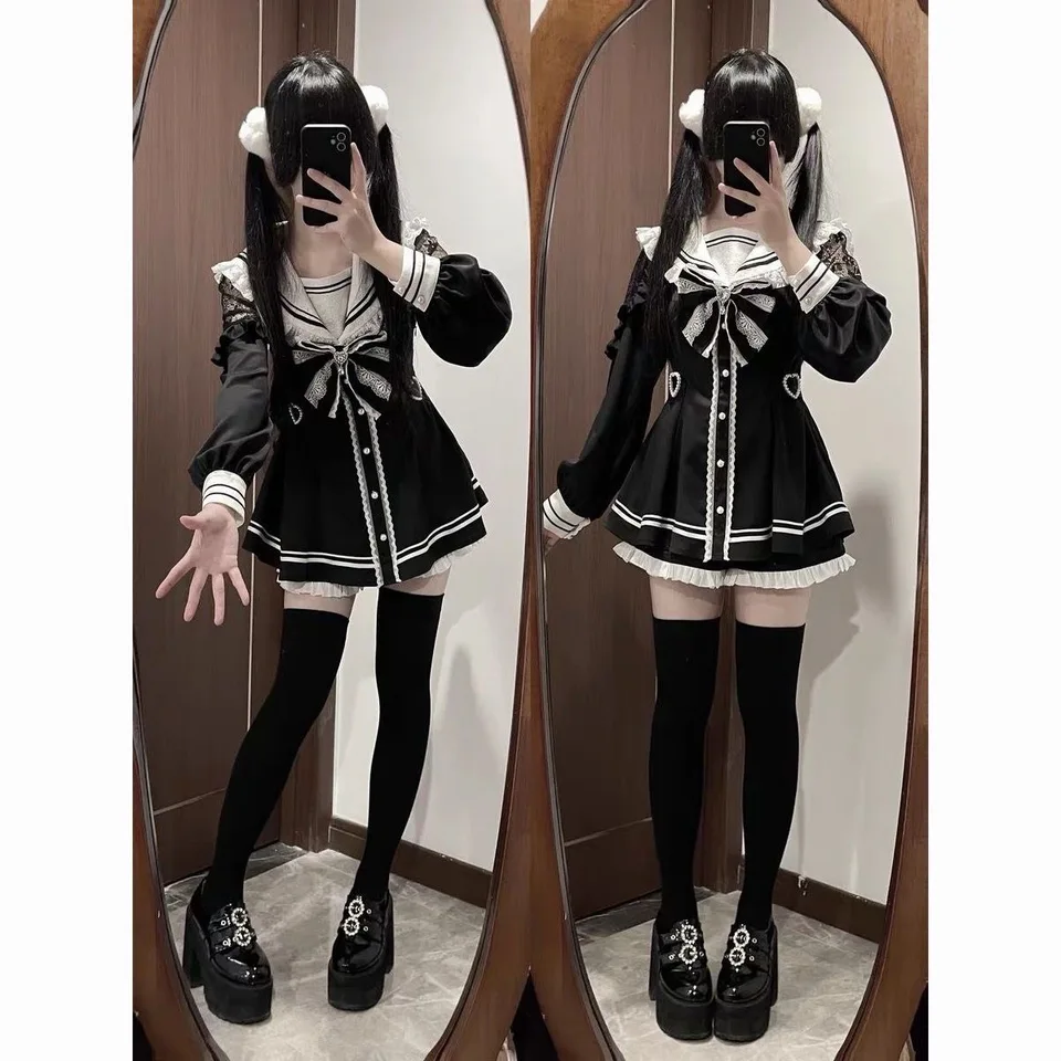 Vestido de cuadros negro con moño dulce estilo Harajuku, entallado y versátil, Kawaii Lolita para mujer, otoño, manga larga 4