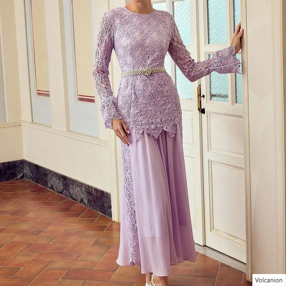 

Customized A-line Evening Dresses Ankle-length O-neck Full Sleeve Prom Gown Simple Fashion Lace Draped Casual Party Gown