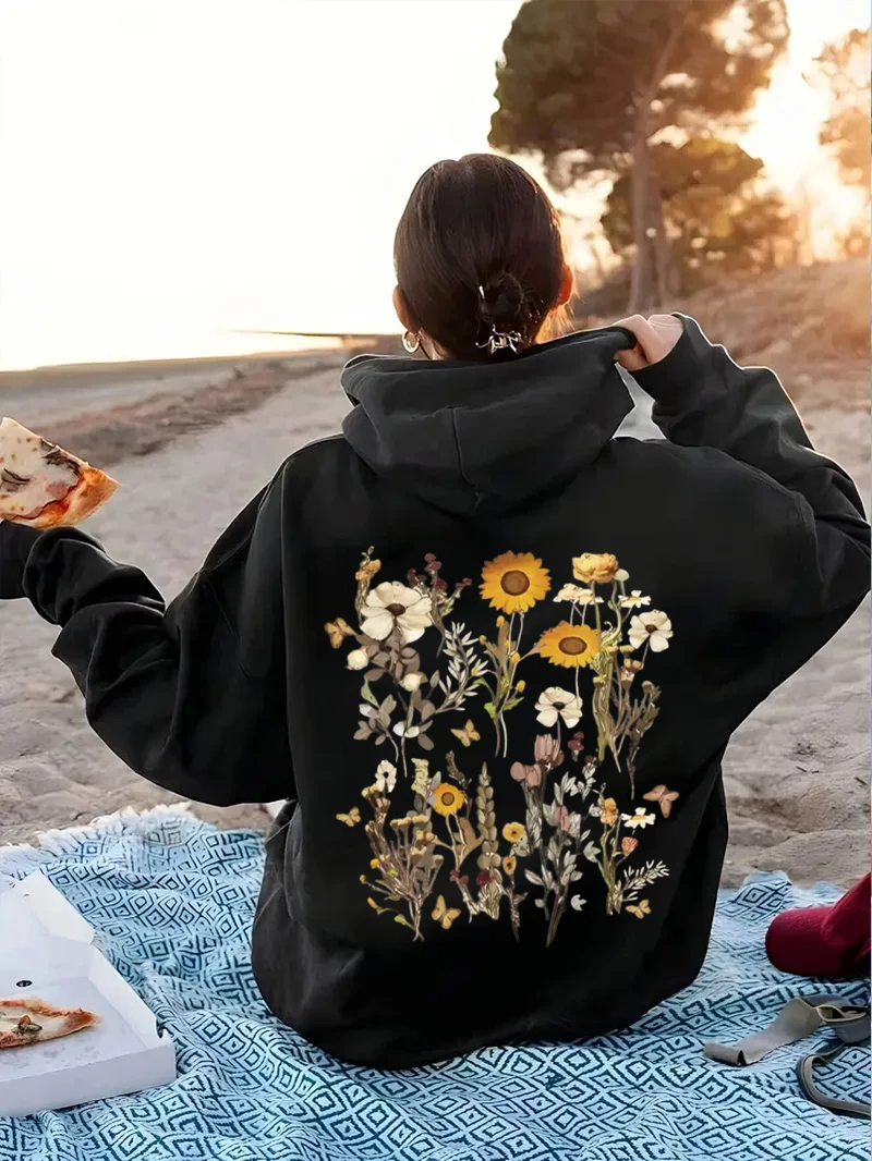 Cute Floral Print Women\'s Hoodie with Fashionable Design Loose and Casual Floral Women Clothing Autumn and Winter Fleece Hoodie