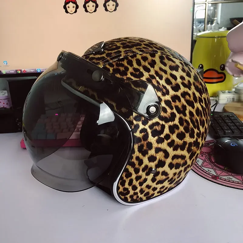 Retro Motorcycle Helmet with Fashionable Leopard Print Pattern High-quality Handmade Leather Helmet with Sun Protection Brim