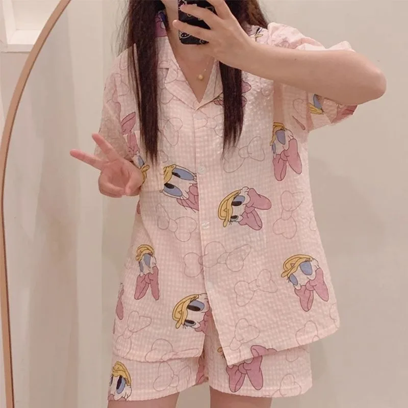 New Disney Mickey Donald Duck Pajamas for Women Cute Daisy ins Short Sleeve Shorts Cartoon Outerwear Home Clothes Set Gift