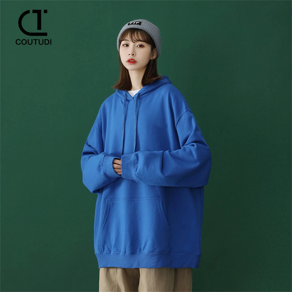 COUTUDI Korean Fashion Hooded Sweatshirt T-shirt Oversize Solid Color Women\'s Sweater Pocket Sports Loose Pullover Tops Hoodies