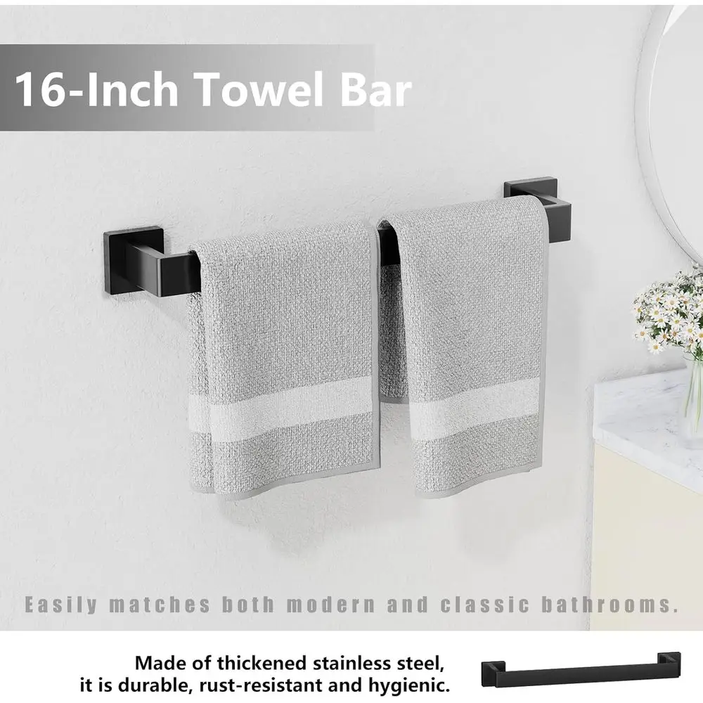 Contemporary 8-Piece Bathroom Hardware Set in Matte Black: Includes Towel Racks, Bar, Hooks, Holder, and Ring