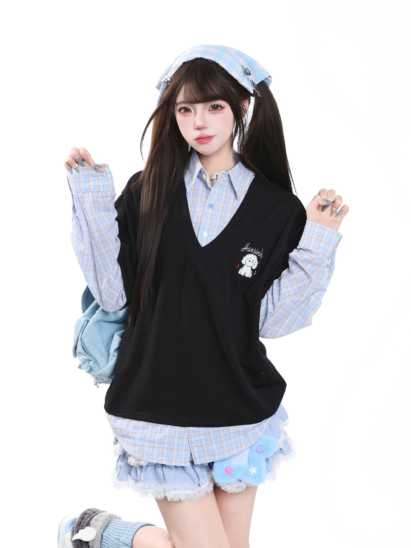 College Style Long Sleeve T-Shirt Women's Autumn Sweet Anti-Aging Design Dog Embroidery Patchwork Top Breathable Skin-Friendly
