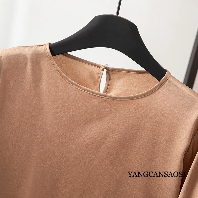 Smooth and Breathable 93% Natural Mulberry Silk Elastic Double Qiao Satin Round Neck Commuting Women\'s Short Sleeved T-shirt