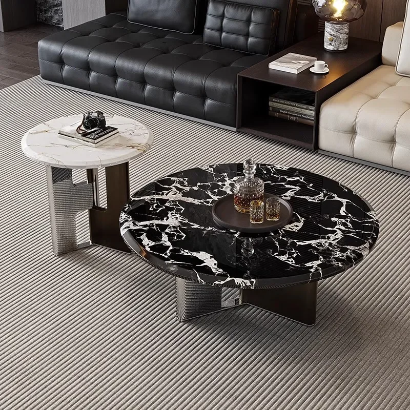 Stainless Steel Round Coffee Table Luxury Stone Marble Top Italian Minimalist Creative High End Sofa Side Table Combination