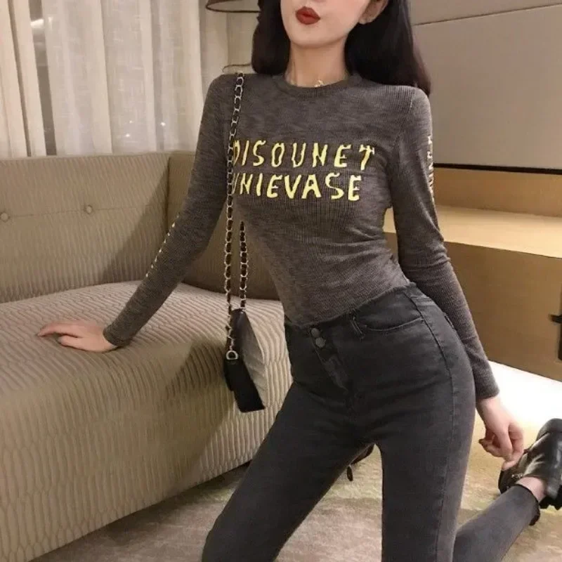 Fashion Women\'s Long Sleeve T-shirt Elegant Slim Top Female Korean Popular Clothes Reviews Many Aesthetic Clothing Y2k Korea Yk2