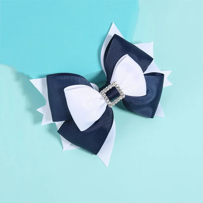 ncmama 3-Layer Blue White Ribbon Bow Hairpin Rhinestones Hair Bows Clip for Kids Girls Barrettes Girl Hair Accessories Headwear