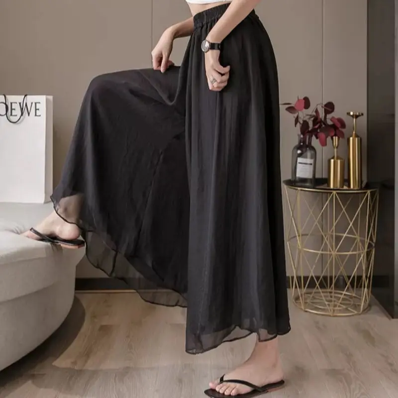 Casual Pants Women Elegant Elastic Waist Loose Chiffon Lightweight Summer Wide Leg Trouser Streetwear High Quality Female New