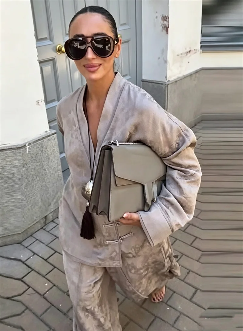 Guobioziy Women's Suit 2026 Early Fall New Style Fashion V-Neck Jacquard Double-Breasted Blazer Loose Wide-Leg Pants