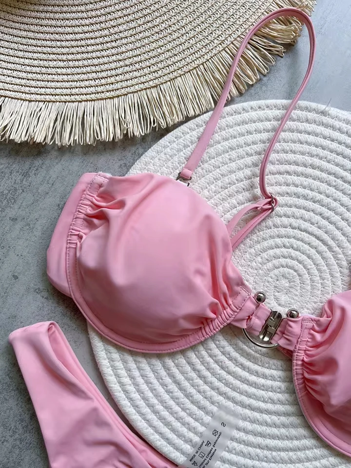 Vzvn Sexy White Spaghetti Strap Thong Bikini 2 Piece Set Women Split Swimsuit Beach Bikinis 2025 New Summer Swimwear Bikinis Set