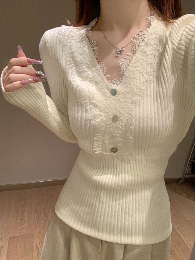 

V-neck Lace Patchwork Knitted Pullover 2024 New Slim Fit Bottoming Tops Mujer Autumn Winter White Long Sleeve Sweaters
