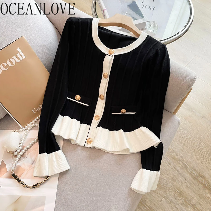 OCEANLOVE Flare Sleeve Ruffles Short Cardigans Korean Fashion Vintage Autumn Winter Women Sweaters Sweet Slim Ropa De Mujer