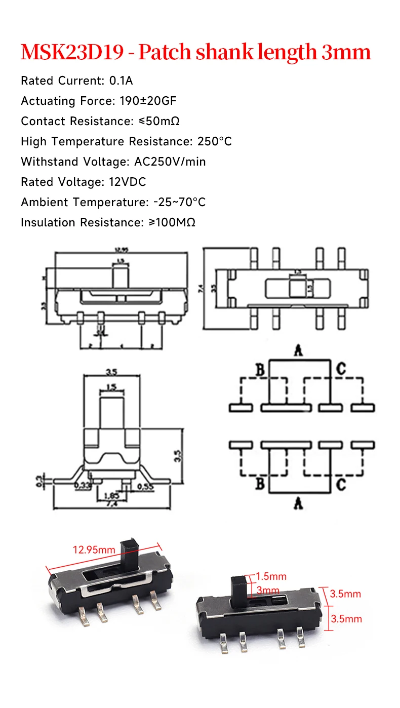 5 Stück MSK-23D19 Oberflächenmontierter Leistungs-Kippschalter 3mm Langer Griff 8-Pin 3-Positionen Oberflächenmontierter Miniatur-Schiebeschalter – Detail 1