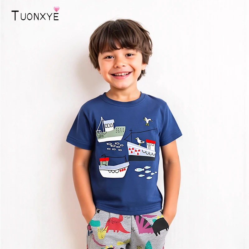 TUONXYE Kinder Kurzarm T-Shirts Cartoon Schiff und Bagger Fahrzeug Jungen Tops T-Shirts Shirts Sommer Kinder Freizeitkleidung