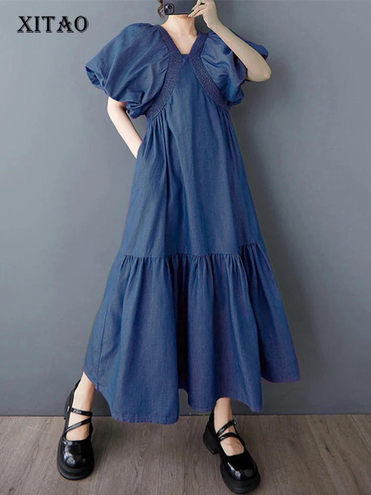 

XITAO Puff Sleeve Solid Color Pleated Female Dress V-neck Patchwork Personality Temperament Elegant Summer Woman Dress ZMY1255