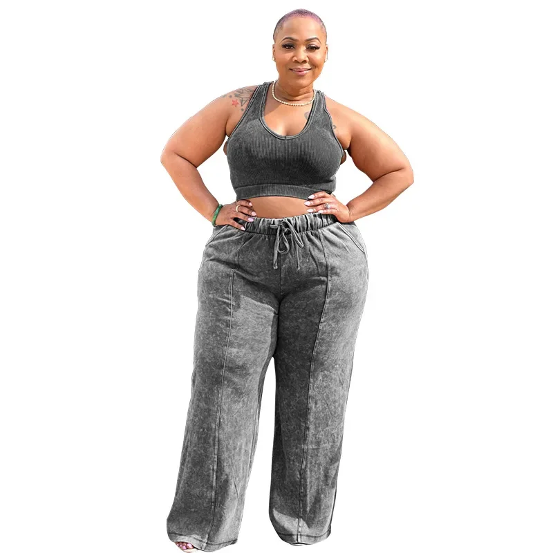 WSFEC L-4XL Grande Taille Deux Pièces Ensembles Femmes Tenues fibrTop et Large Jambe Pantalon Costumes D'été dehors Casual Femme Vêtements