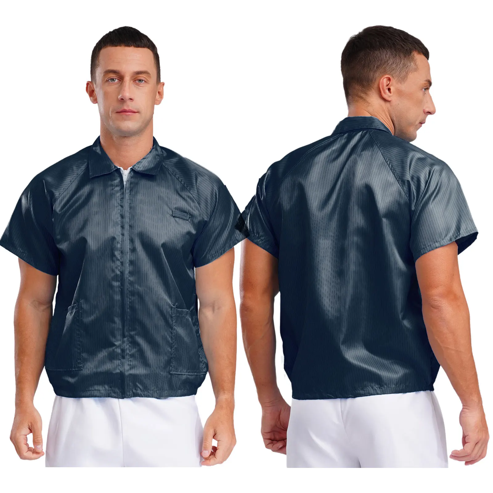 Men Dust-proof Factory Work Tops Clothes Labor Short Sleeves Pockets Front Zipper Jacket Striped Work Shirt Summer Work Uniforms