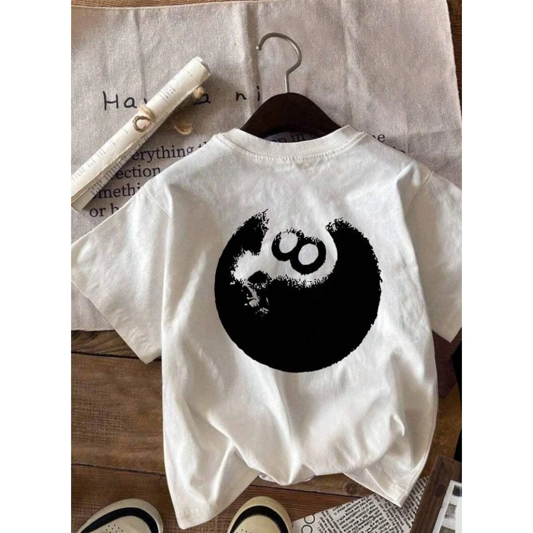 Kurzarm-T-Shirt mit schwarzem 8-Ball-Billardmuster; Lässig und vielseitig, perfekt für den Alltag im Sommer.Damen Y2K