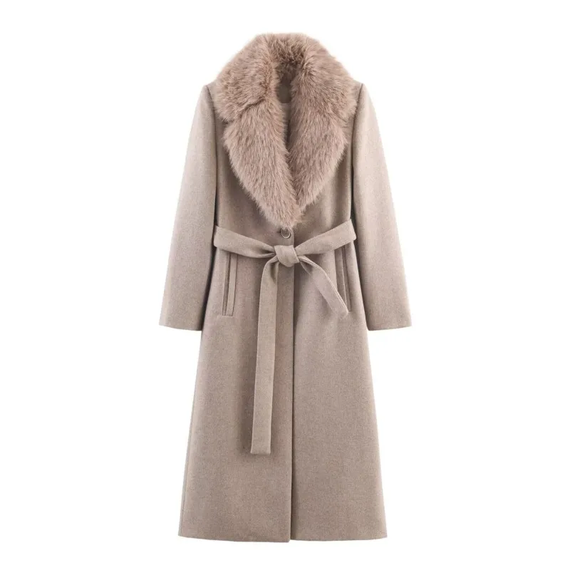 

Autumn Women Wool Coat with Belt Casual Faux Fur Lapel Long Sleeve Shoulder Pads Pocket Lady Outerwear Female Chic Overcoat