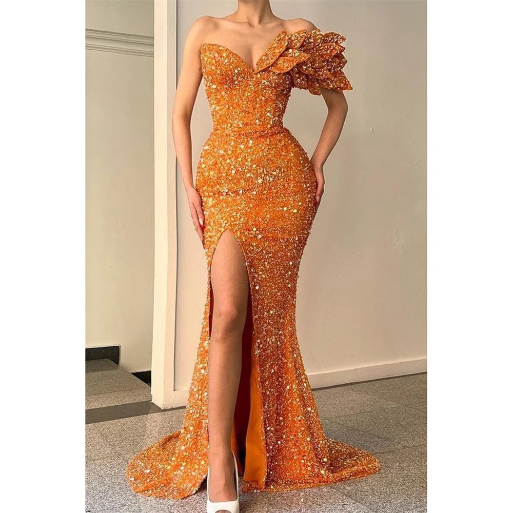 

Модные оранжевые вечерние платья с блестками и милой длиной до пола, Русалка с разрезом по бокам, высокое качество, женские банкетные платья для выпускного вечера