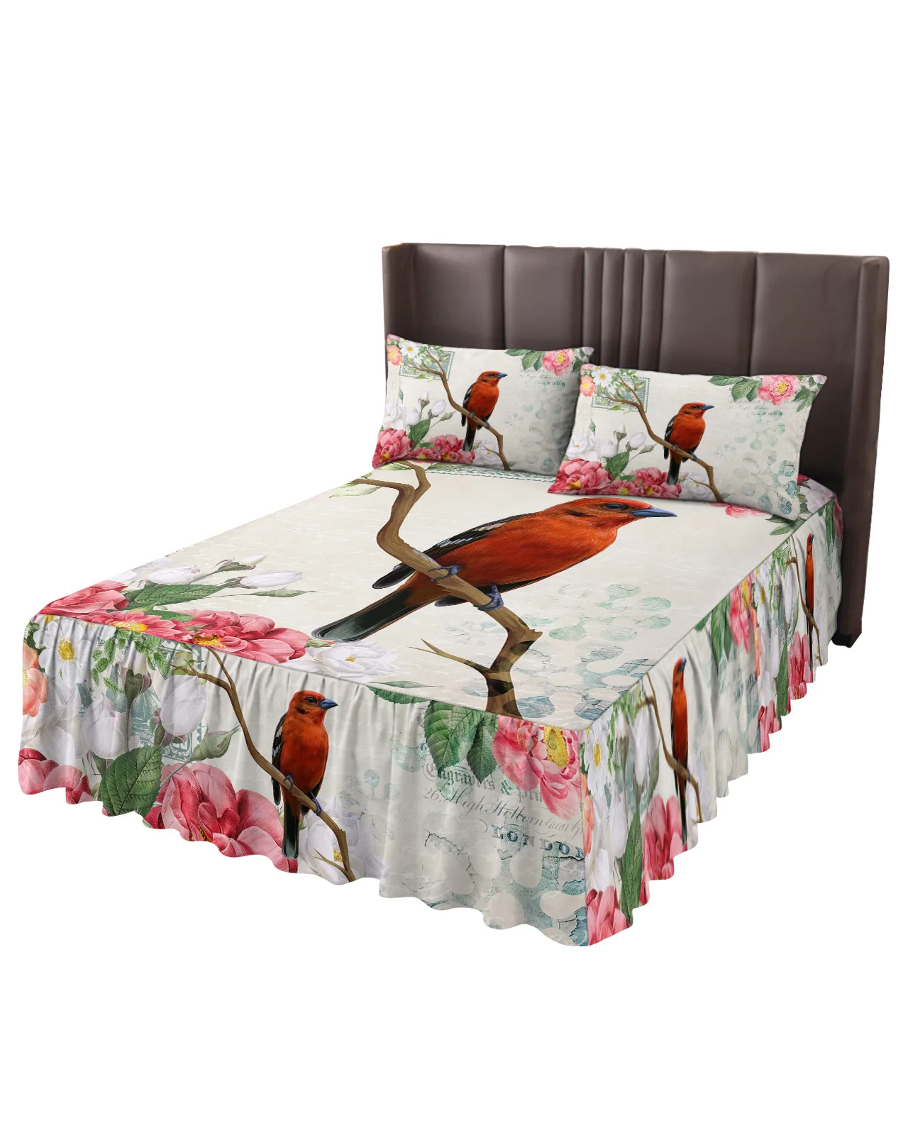 Vintage Flowers And Birds Bed Skirt Elastic Fitted Bedspread With Pillowcases Bed Protector Mattress Cover Bedding Set Bed Sheet