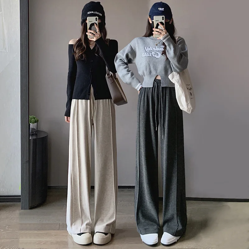 

New Narrow Wide-Leg For Women, Draped Long Autumn Winter Fleece-Lined, Loose And Lazy Straight-Leg , High-Waisted Slimming