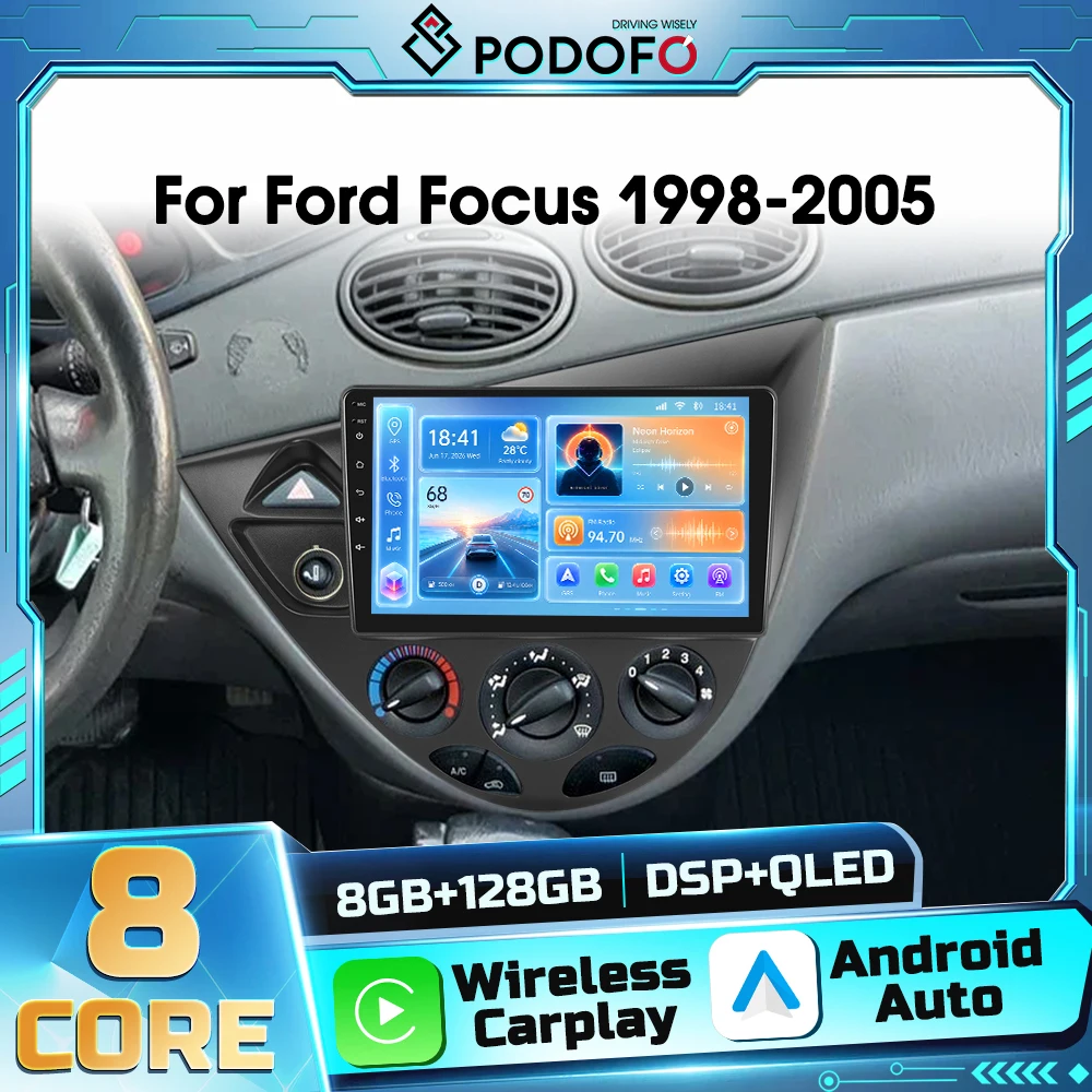 Autoradio Android 2DIN Podofo per Ford Focus 1998-2005 con Carplay Wireless, Android Auto, Navigazione GPS, WIFI, DSP, FM, RDS e Bluetooth