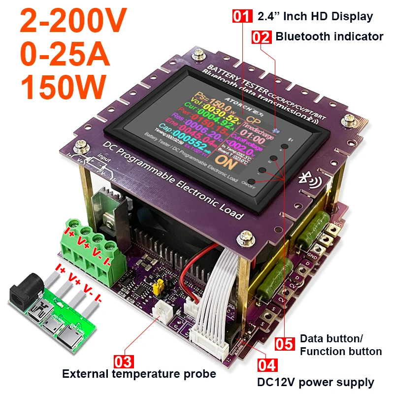 Probador electrónico de carga de litio 150 25A, Monitor de capacidad de batería, medidor de descarga, 18650 W, Bluetooth, CC, USB