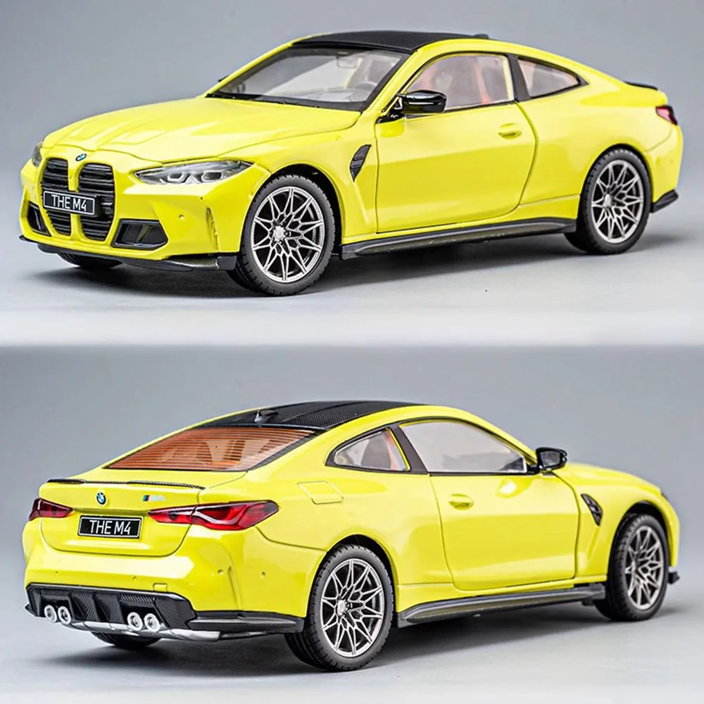 1:23 BMW M4 G82 스포츠카 모델 장난감 금속 바디 고무 타이어 휠 스티어링 충격 흡수 모델 컬렉션 자동차 장식품