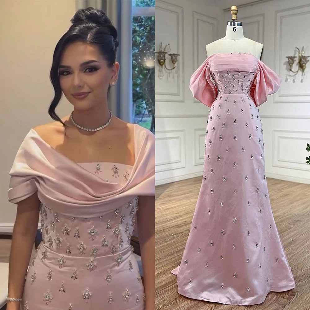 Serene Hill Customized Pink Satin Beaded Mermaid Evening Dresses Dubai Wedding Party Formal Gowns for Women 2025 DLA72414