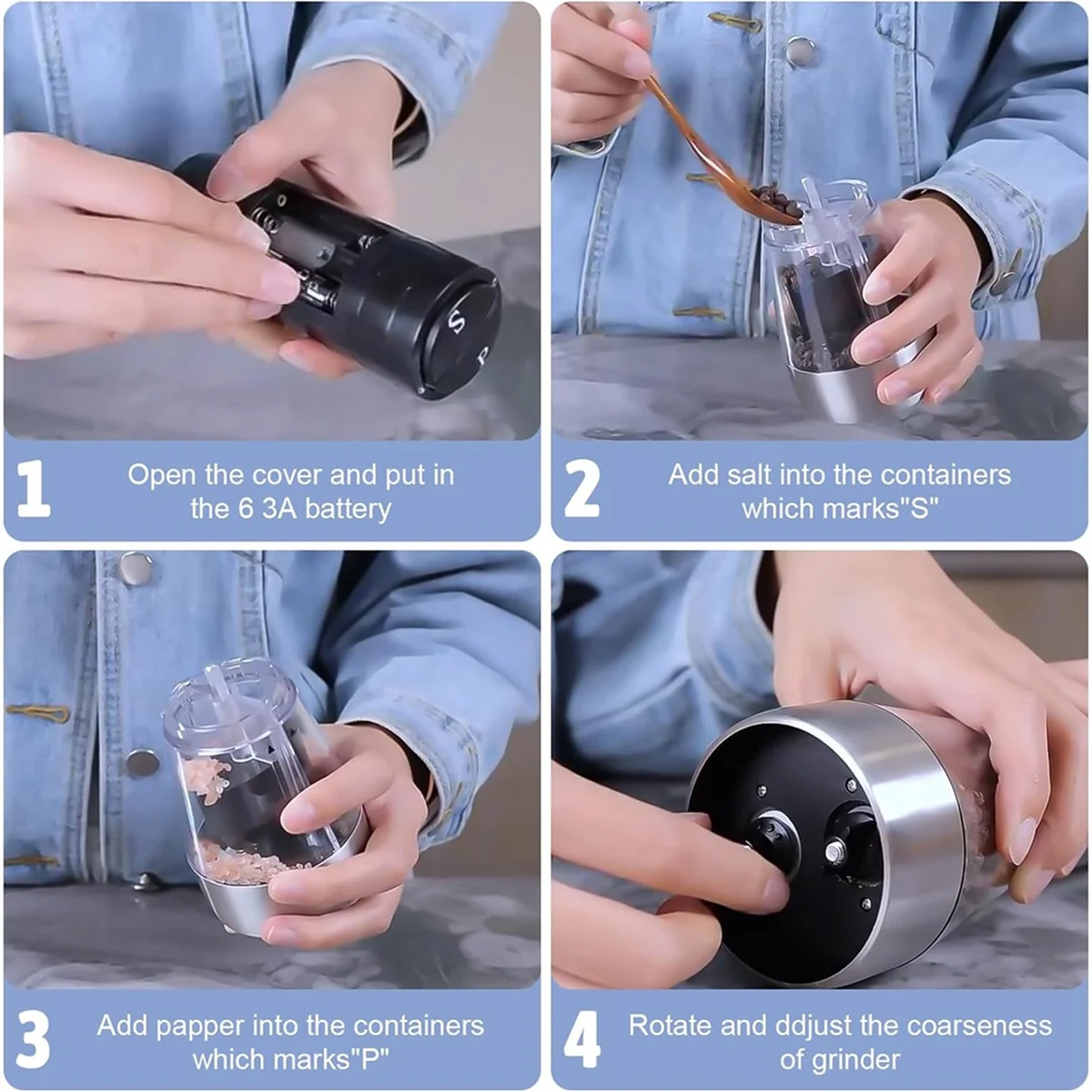 مجموعة مطحنة الملح والفلفل الكهربائية، مطحنة الملح والفلفل الكهربائية 2 في 1 قابلة لإعادة الملء مع خشونة قابلة للتعديل