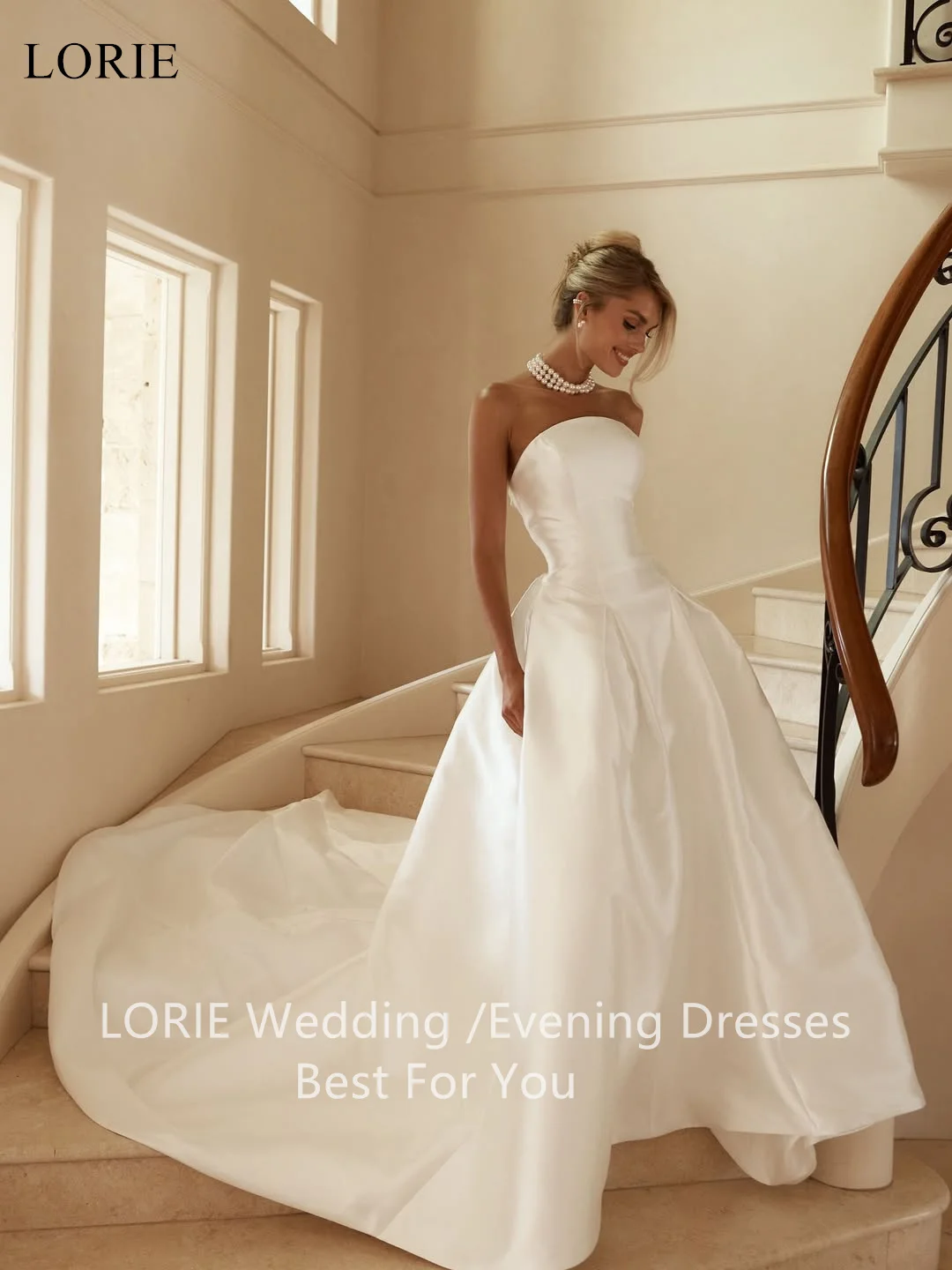 LORIE Abiti da sposa eleganti senza spalline in raso A-Line senza maniche Abito da ballo da sposa Abiti da sposa pieghettati avorio personalizzati