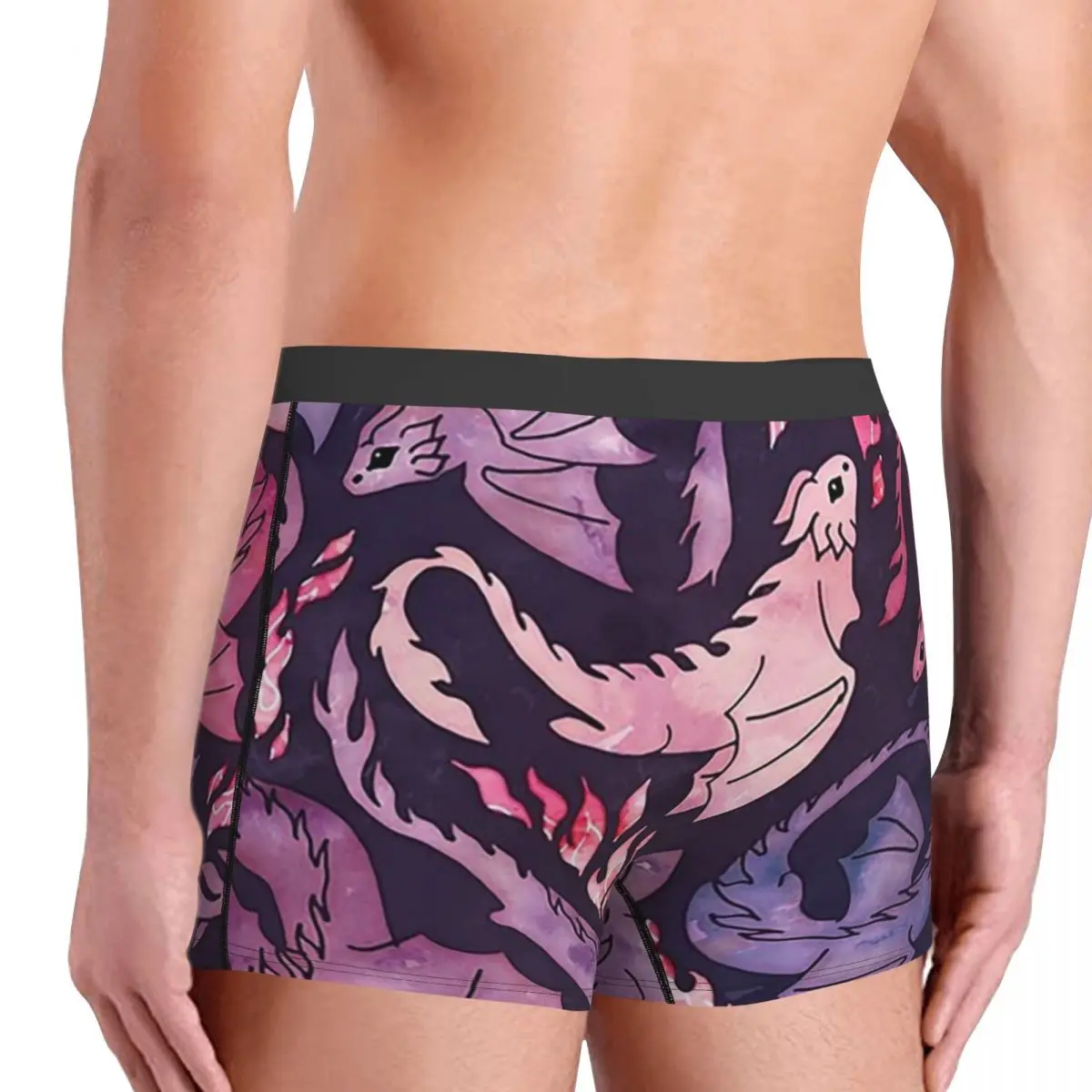 กางเกงบ็อกเซอร์ขาสั้นลายมังกรไฟสีชมพูเข้มม่วง กางเกงในชายเนื้อนุ่มสำหรับผู้ชาย ของขวัญสำหรับแฟนหนุ่ม
