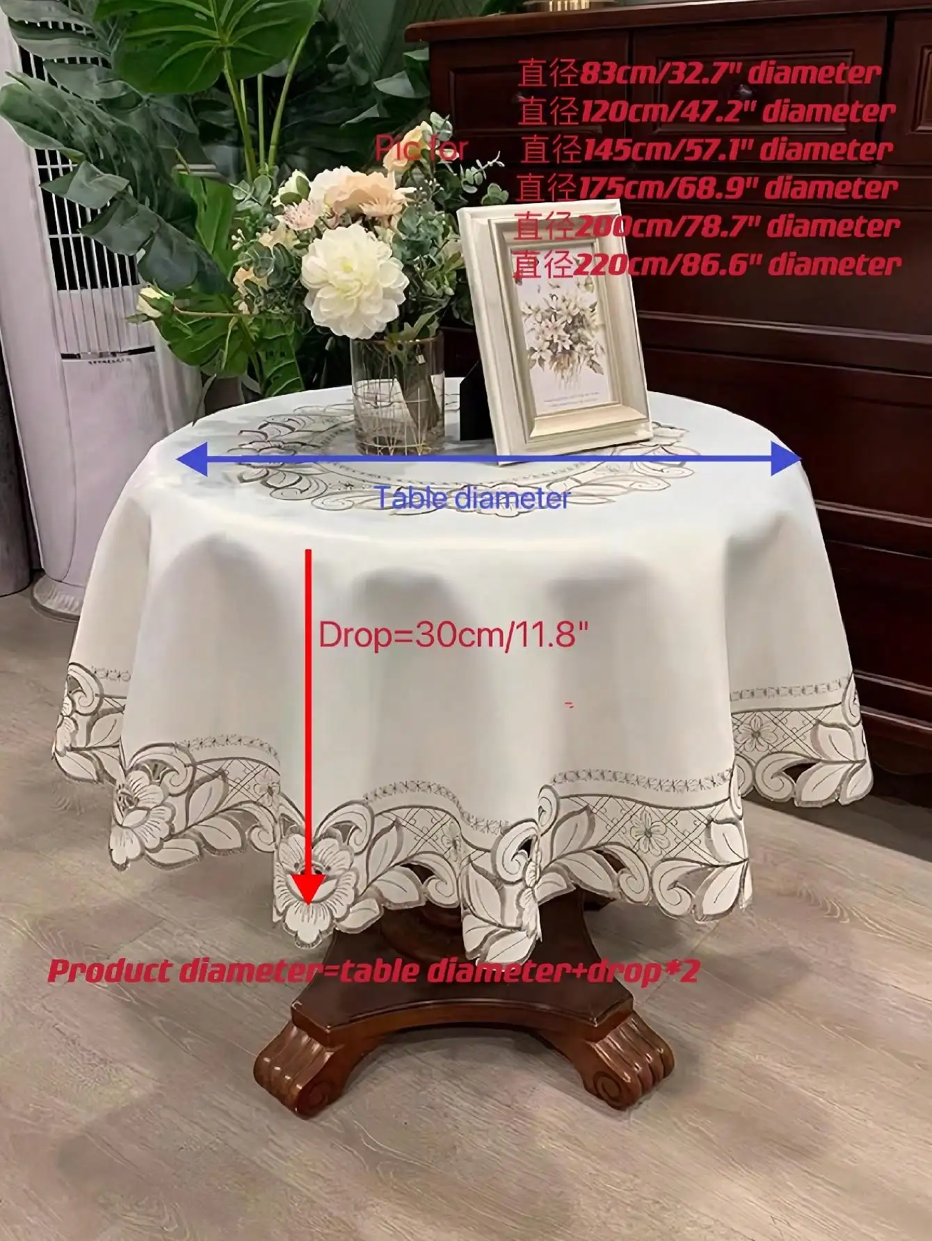 1 Piece Floral Pattern Round Tablecloth, Modern Style Polyester Fiber Round Embroidered Hollow-Out Heat-Resistant and Dust-Proof Tablecloth, Suitable for Round Tables, Coffee Tables, Daily Decoration, Suitable for Wedding Party Decoration, Can Be Used for Dust Protection on Furniture Such as Nightstands