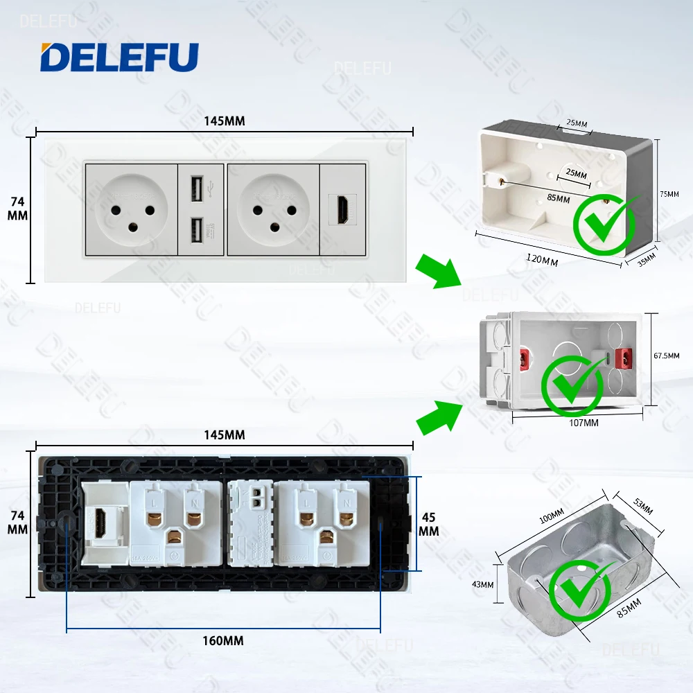 DELEFU Glass SC70 Panel 195mm White Israeli Standard USB C-type Fast Charging Wall Socket Switch TV Phone CAT5 CAT6