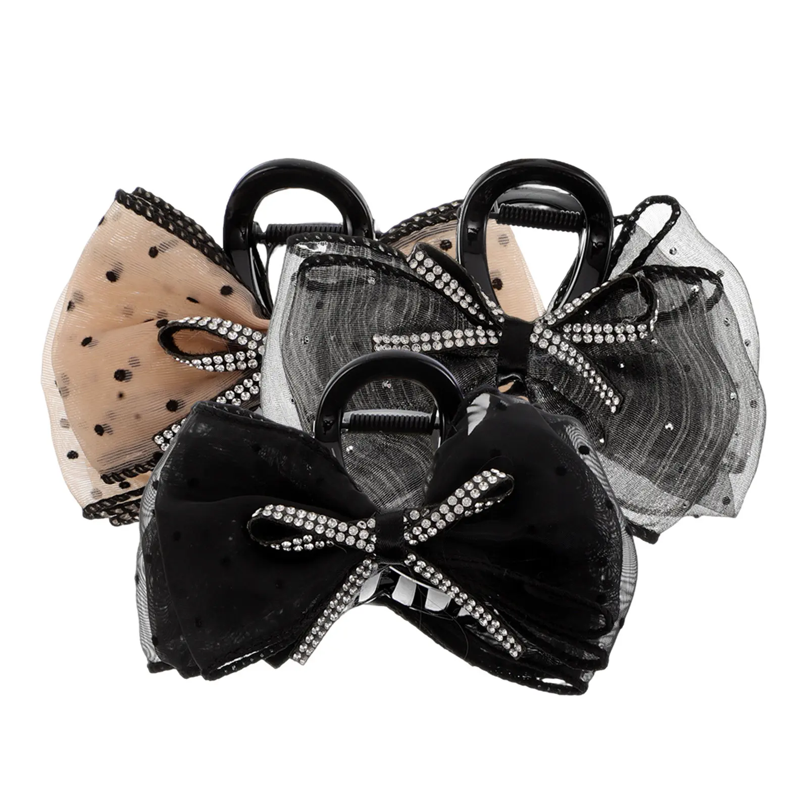 

3Pcs Bow Hair Clips Rhinestone Polka Dot Mesh Design Black Gray Hair Claw Clips Elegant Non Slip Versatile Bow Claw Clip