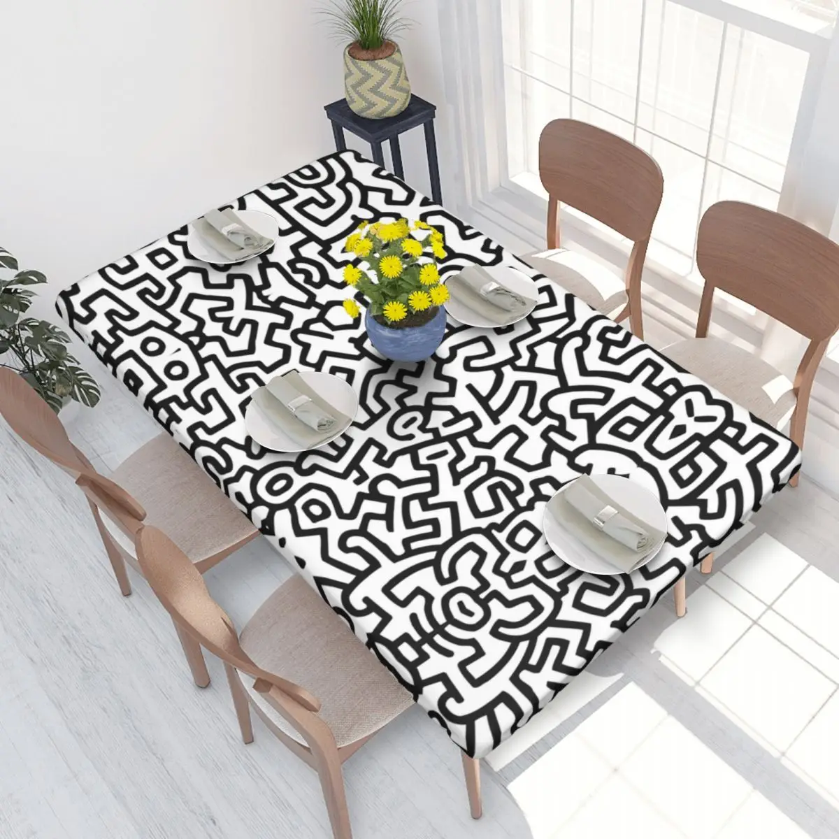 Custom Haring Dancer Graffiti Art Rectangular Tablecloth Waterproof 4FT Table Cloth Keith Abstract Geometric Table Cover