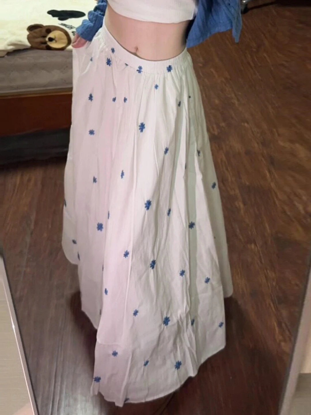 

Elegant Embroidered A-Line Skirt Women's Summer Fashion High Waist Elastic Waist Long Skirt Korean Style Commute Cotton