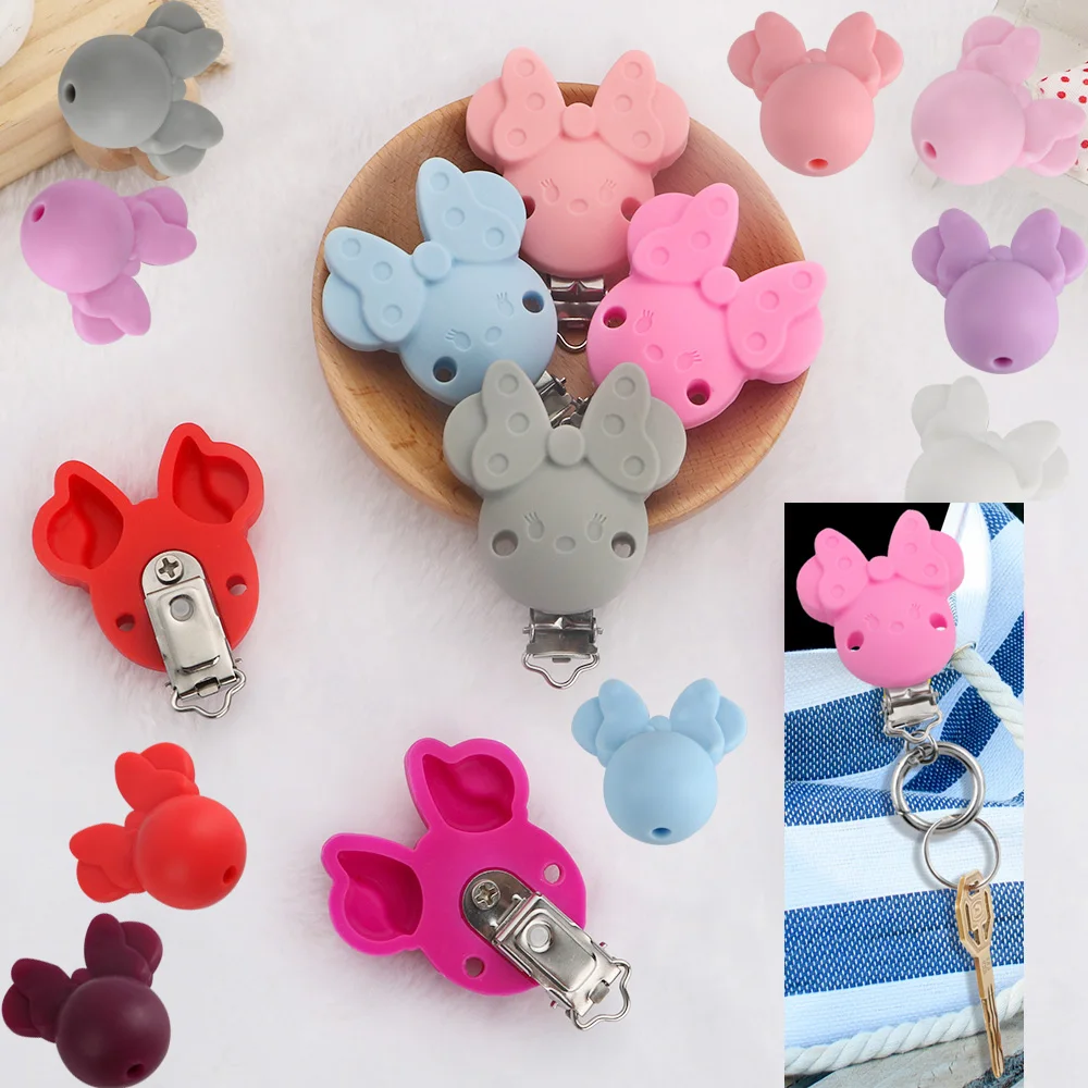 Colorful Bow Mouse Head Silicone Focal Bead Clip Pendant Set Food Grade DIY Handmade Materials For Jewelry Keychain Accessories