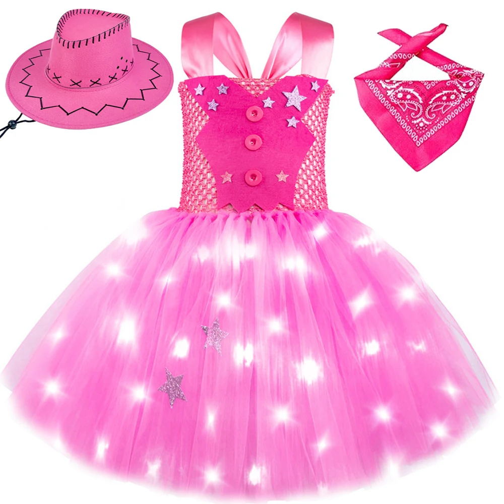 Led Lights Hot Pink Cowgirl Costumes for Girls Ballet Tutu Dress with Cowboy Hat & Scarf Kids Christmas Halloween Party Outfit view 3