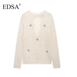 EDSA  Women Beige Knitted Sweater With Pearls Single Breasted Vintage O-Neck Long Sleeves Female Chic Lady Tops