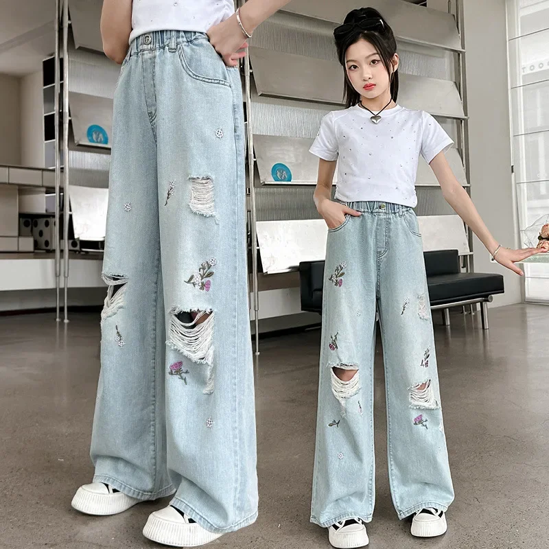 Vintage Ripped Jeans for Girls Fashion High Waist 2024 Spring Autumn Broken Hole Wide Leg Pants Kids Teen Denim Trousers 5-14Yrs