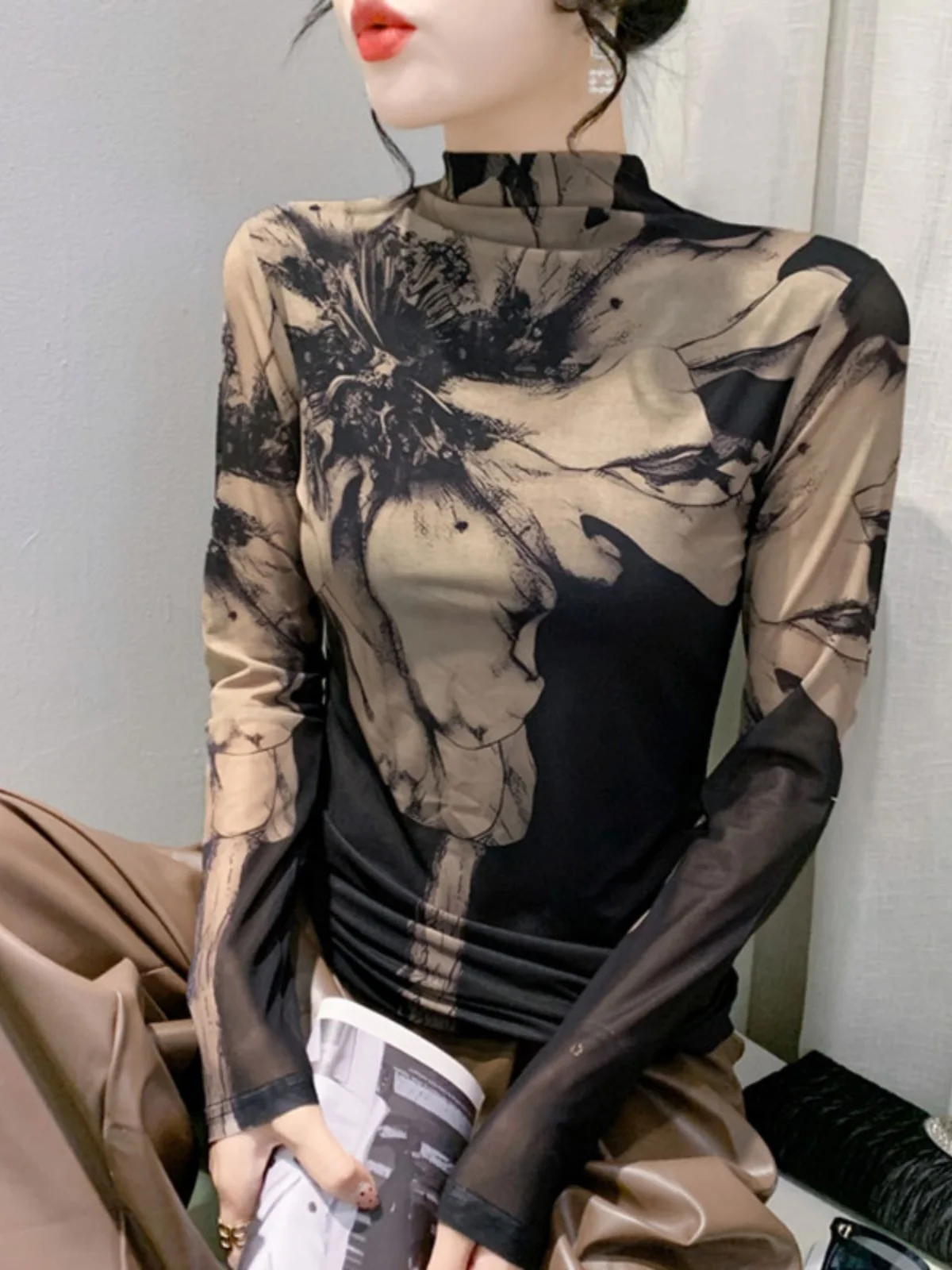 Retro High Neck Lange Mouw T-shirt Dames Binnenmode Slankmakend Top Me Insert Street Style Herfst Nieuwe Aankomst T-shirt