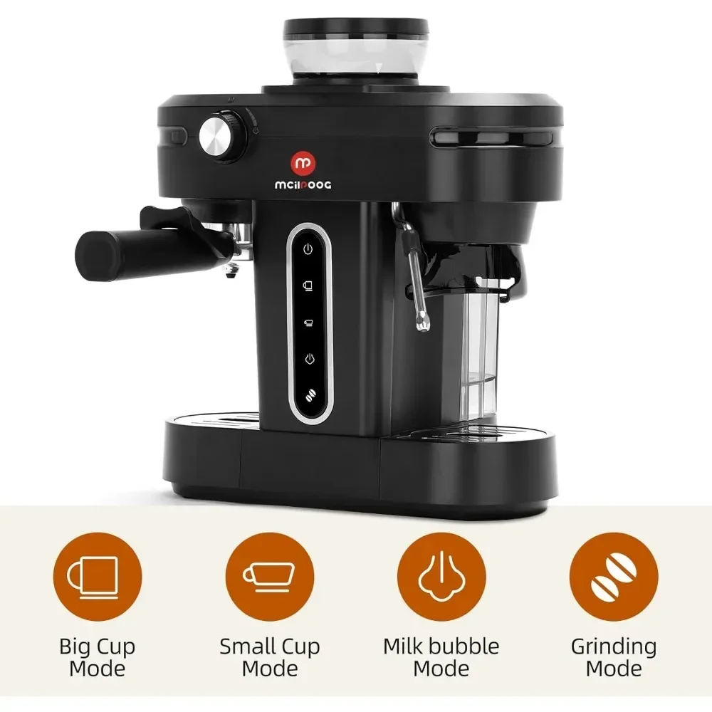 15Bar Semi Automatic Espresso Machine With Grinder & Steam Wand,3-in-1 Compact Espresso Coffee Maker