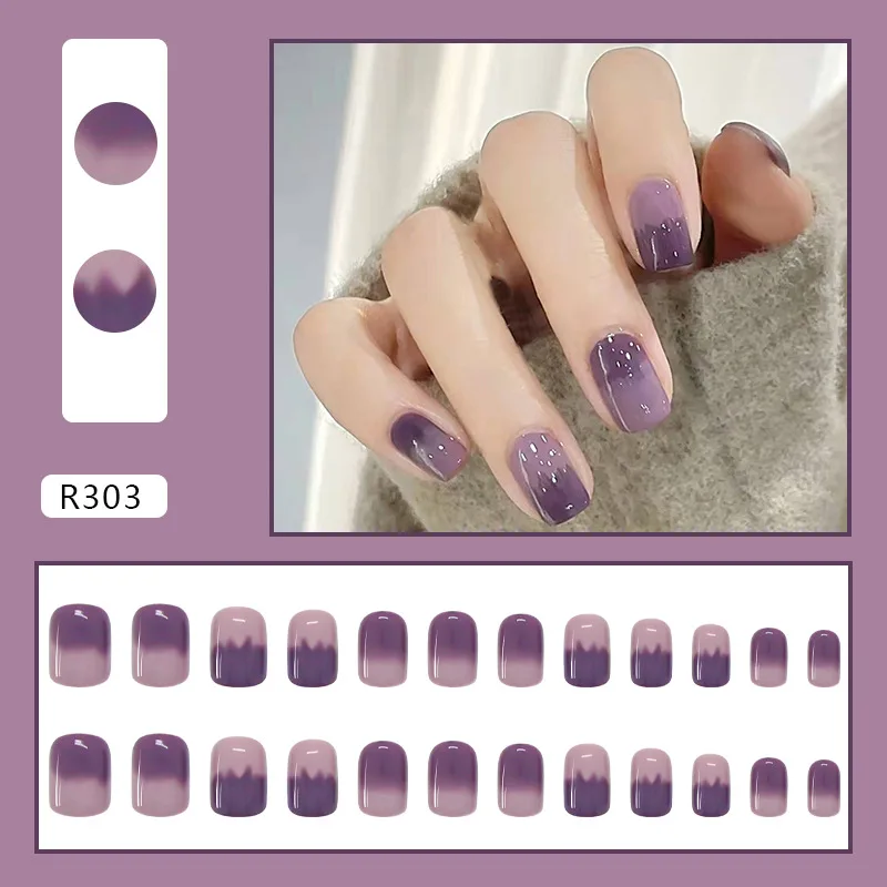 24 sztuk/zestaw krótka sztuczna prasa na końcówce paznokci fioletowe wzory odpinane sztuczne paznokcie wielokrotnego użytku Stick-on Nail Art DIY